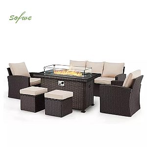 Juego de muebles de patio de ratán con mesa de hoyo de fuego