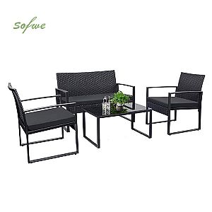 Mesa y silla de mimbre para exterior de 4 piezas con mesa de...